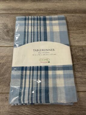 Blue Christmas Plaid Table Runner - Light Blue & White